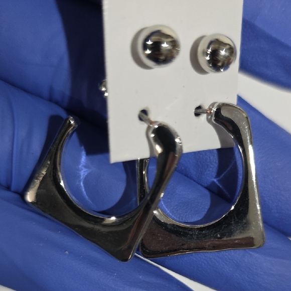 Silver Geometric Hoop & Stud Earrings Set – Modern Minimalist Fashion Jewelry - Picture 11 of 11